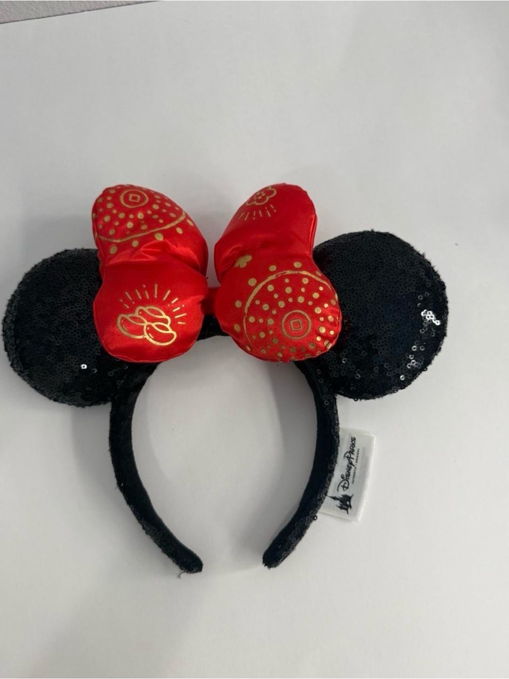 Disney Black Sequin Minnie Ears Headband with Red Gold Bow
